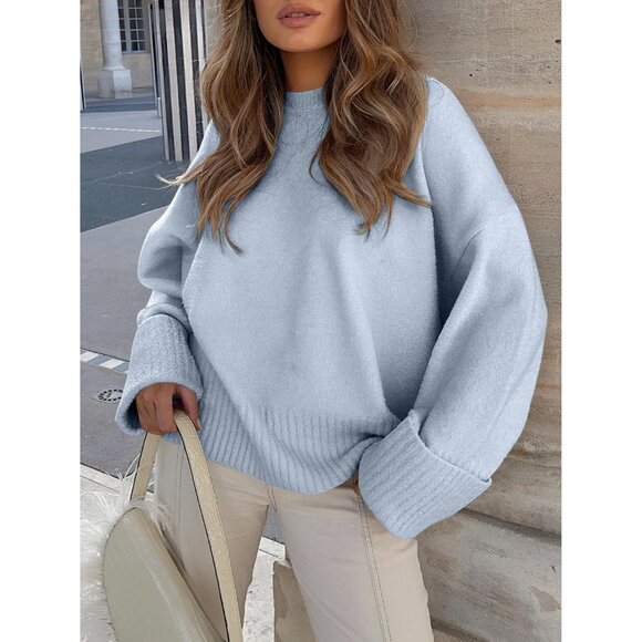 Women's Oversized Sweater Fuzzy Light Blue Long Sleeve Casual Chunky Pullover - Picture 3 of 9